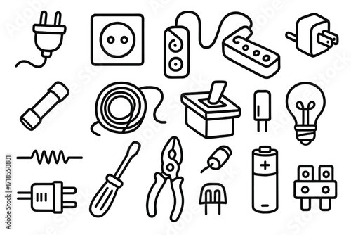 Electrical Tools Doodle. Hand-drawn doodle illustration Power connections plug, socket, extension cord, adapter, fuse, cable, wire spool, switch, outlet, light