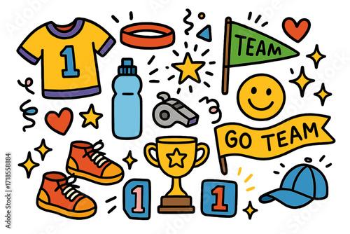 Team Spirit Doodles. Colorful Hand-drawn doodle Children illustration Team spirit wear jersey, headband, team flag, water bottle, whistle, heart, star,