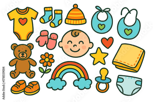 Colorful Baby Doodle. Colorful Hand-drawn doodle Children illustration Baby Clothes [onesie, socks, hat, bib, mittens, shoes, blanket, teddy bear, flower,