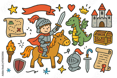 Knight's Heroic Quest. Hero?s journey. Colorful Hand-drawn doodle Children illustration knight, horse, sword, map, star, heart, scroll, torch, treasure chest,