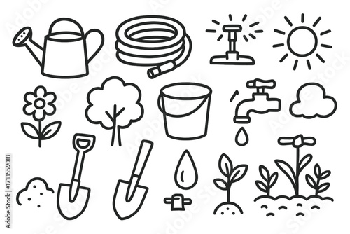 Garden Tool Doodles. Hand-drawn doodle illustration Garden irrigation tools [watering can, hose, sprinkler, bucket, faucet, water droplet, flower, tree, leaf,