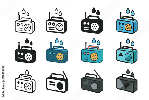Radio Logo Designs. Set Logo of Portable Radio: Waterproof outdoor radio. Logo set in vector style, emblematic variations. line, bold thick line, solid black