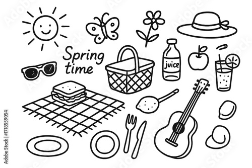 Spring Picnic Doodle. Hand-drawn doodle illustration Springtime picnic picnic basket, blanket, sandwich, apple, juice bottle, flower, butterfly, sun,