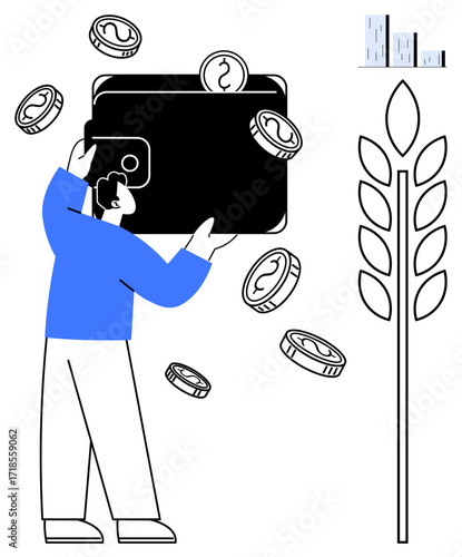 Man lifting a large wallet with falling coins. Grain stalk symbolizes agriculture bar chart conveys growth and income. Ideal for finance, savings, farming, investment, agribusiness, economics, simple