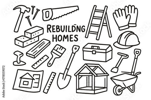 Rebuilding Homes Icons. Hand-drawn doodle illustration rebuilding homes hammer, nails, saw, ladder, gloves, hard hat, bricks, wood plank, paintbrush, ruler,