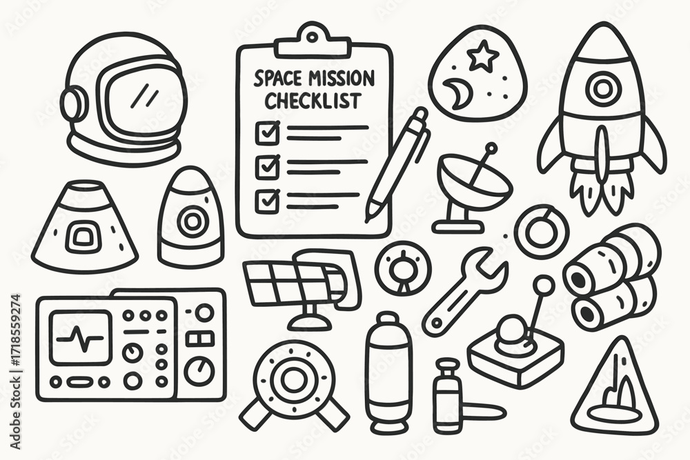 Fototapeta premium Space Mission Doodle. Hand-drawn doodle illustration space mission checklist clipboard, pen, astronaut helmet, capsule, rocket, control panel, radar screen,
