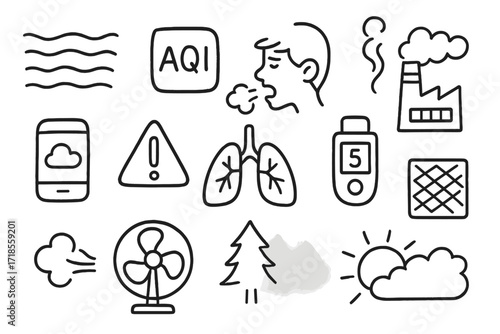 Air Quality Icons. Hand-drawn doodle illustration Air Quality haze lines, AQI symbol, coughing face, mask icon, smoke icon, factory cloud, app icon, warning