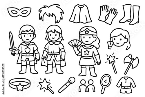 Cosplay Duo Doodle. Hand-drawn doodle illustration [Duo cosplay characters] [mask, wig, cape, gloves, boots, sword, fan, headband, star, magic wand, makeup