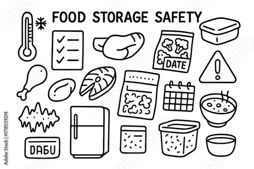 Food Storage Safety Elements. Hand-drawn doodle illustration Food storage safety [thermometer, snowflake, checklist, freezer lock, container, chicken