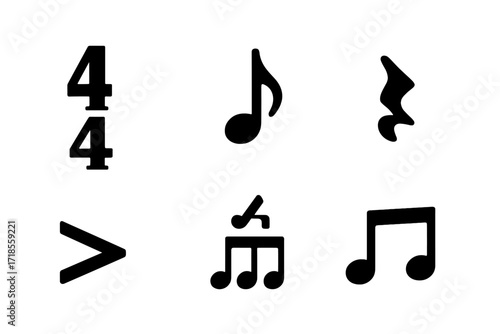 Musical Notation Icons. Solid, filled icon set of groove notation symbols: time signature, note heads, rests, accents, dynamics, tempo, triplets, syncopation