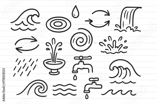 Water Movement Doodles. Hand-drawn doodle illustration The Movement of Water [wave, ripple circle, droplet, waterfall, river flow, spiral swirl, curved arrows,