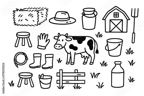 Farm Chores Doodle. Hand-drawn doodle illustration Farm chores Milking stool, cow, bucket, hay, barn, milk pail, gloves, farmer hat, boots, rope, fence,