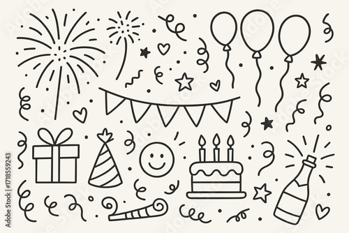 Festival Doodles Celebration. Hand-drawn doodle illustration [festival joy] [fireworks, confetti, balloons, stars, hearts, streamers, ribbon, party horn, cake,