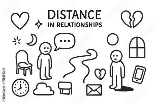Distant Love Symbols. Hand-drawn doodle illustration Distance in relationships [two figures, heart, broken heart, chat bubble, phone, envelope, star, moon,