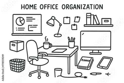 Home Office Sketch. Hand-drawn doodle illustration [Home office organization] [desk, chair, filing box, pen holder, whiteboard, cable, lamp, planner, tablet,