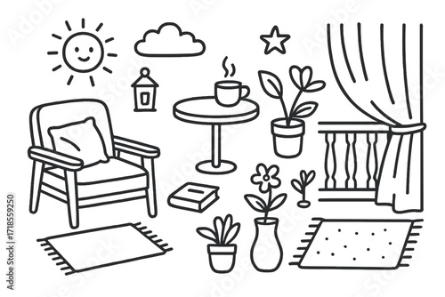 Balcony Essentials Doodle. Hand-drawn doodle illustration Spacious balcony chair, table, cup, plant, railing, sun, cloud, star, book, pillow, lantern, curtain,