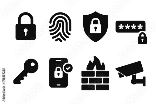 Bank Security Icons. Solid, filled icon set of bank security: padlock, fingerprint scanner, shield, password, secure key, two-factor authentication, firewall,