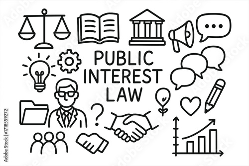 Public Interest Law Doodle. Hand-drawn doodle illustration Public interest law [scales of justice, open book, courthouse, megaphone, speech bubble, lawyer,