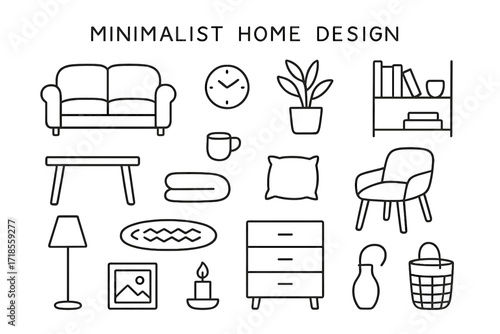 Minimalist Home Doodle. Hand-drawn doodle illustration Minimalist home design [sofa, table, lamp, plant, rug, bookshelf, clock, cup, pillow, chair, drawer,