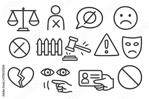Justice and Exclusion Icons. Hand-drawn doodle illustration discrimination scales of justice, person icon with X, speech bubble with slash, sad face, exclusion