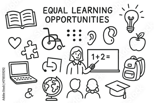 Inclusive Education Icons. Hand-drawn doodle illustration Equal learning opportunities open book, wheelchair, braille dots, hearing aid, lightbulb, puzzle