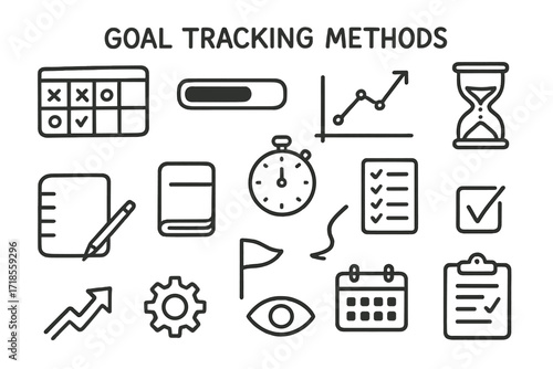 Goal Tracking Icons. Hand-drawn doodle illustration [Goal tracking methods] [tracker board, progress bar, line chart, hourglass, checklist,