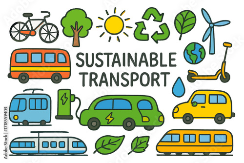 Colorful Sustainable Transport Icons. Sustainable Transport. Colorful Hand-drawn doodle Children illustration bicycle, bus, electric car, scooter, charging