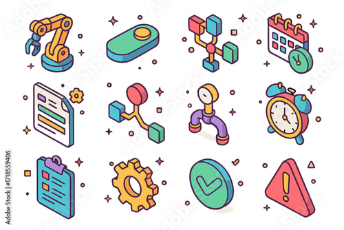 Isometric Automation Icons. Colorful isometric vector icons set of task automation: robot arm, automation switch, workflow trigger, task scheduler, smart rules