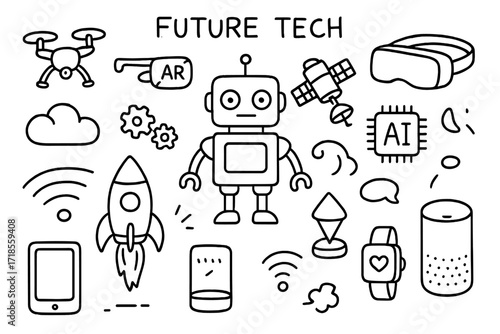 Future Tech Doodles. Future tech. Hand-drawn doodle illustration future tech robot, drone, VR headset, AR glasses, AI chip, smart speaker, satellite, tablet,