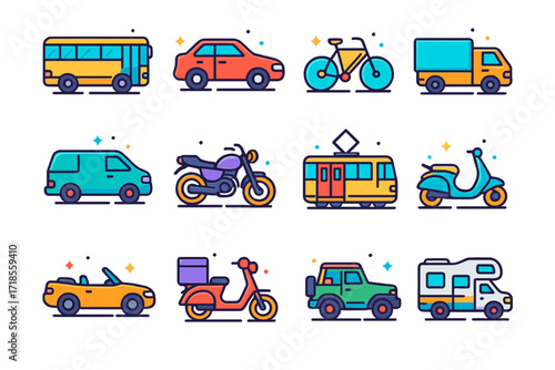 Colorful Vehicle Icons. Colorful isometric vector icons set of side views of vehicles: bus side, sedan side, bicycle side, truck side, van side, motorcycle