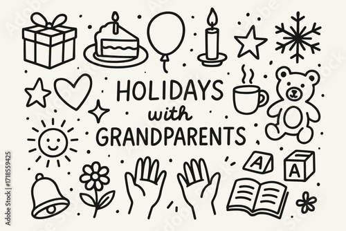 Holiday Celebration Doodles. Hand-drawn doodle illustration celebrating holidays with grandparents gift box, cake, balloon, heart, star, candle, cup, book,
