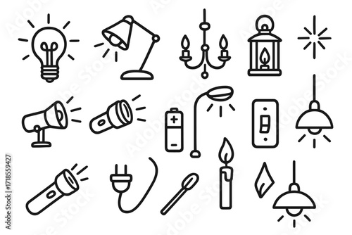 Light Source Icons. Hand-drawn doodle illustration artificial illumination light bulb, desk lamp, chandelier, lantern, spotlight, streetlight, flashlight,