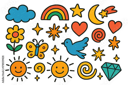 Whimsical Children's Doodles. Colorful Hand-drawn doodle Children illustration Surreal Thoughts [clouds, rainbow, star, moon, comet, heart, flower, spark,