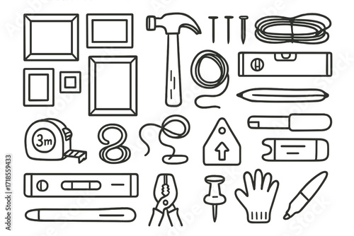 Gallery Tools Doodles. Hand-drawn doodle illustration [Gallery-style frame arrangement tools] [hammer, nails, wire, level, measuring tape, wall hook, string,