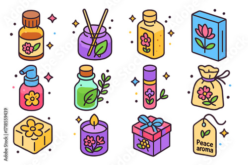 Colorful Aromatherapy Icons. Colorful isometric vector icons set of Aromatherapy packaging with floral touch: essential oil bottle, scent diffuser jar, floral