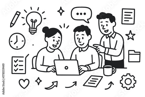 Office Teamwork Doodle. Hand-drawn doodle illustration Office teamwork [figures around desk, laptop, pen, checklist, light bulb, clock, chat bubble, document,