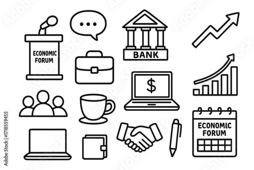 Economic Forum Icons. Hand-drawn doodle illustration Economic forum podium, microphone, speech bubble, bank building, chart, arrow, briefcase,