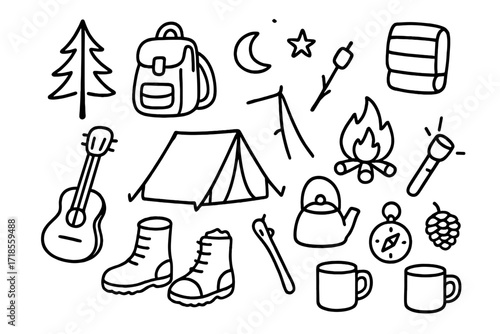 Camping Essentials Doodle. Hand-drawn doodle illustration camping trip tent, campfire, backpack, sleeping bag, marshmallow stick, guitar, flashlight, tree,