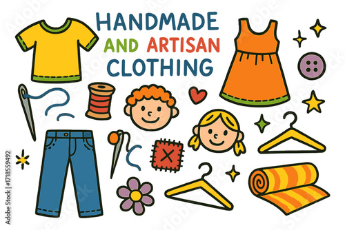 Colorful Children's Clothing Doodles. Colorful Hand-drawn doodle Children illustration Handmade and Artisan Clothing shirt, dress, pants, sewing needle, thread