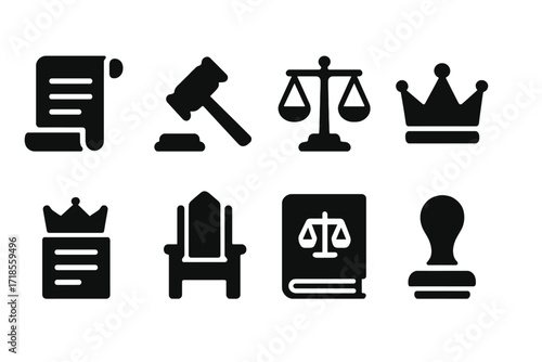 Royal Governance Icons. Solid, filled icon set of king?s laws and governance: scroll, gavel, scales of justice, crown, royal decree, throne, book of laws, seal