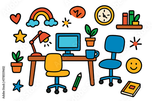 Home Office Doodles. Colorful Hand-drawn doodle Children illustration Home Office Inspiration [desk, chair, computer, lamp, notebook, pencil, mug, plant,