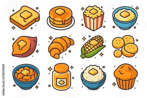 Butter-Themed Food Icons. Colorful isometric vector icons set of butter-themed foods: buttered toast, pancakes with butter, popcorn with butter, mashed