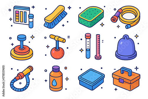 Water Trough Tools Icons. Colorful isometric vector icons set of Water trough maintenance tools: water test kit, cleaning brush, algae scrub pad, hose with