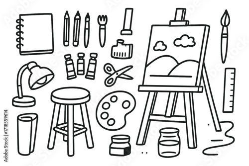 Painter's Studio Essentials. Hand-drawn doodle illustration Painter's studio setup, easel, paintbrush, palette, canvas, sketchbook, pencils, ink bottle, stool,