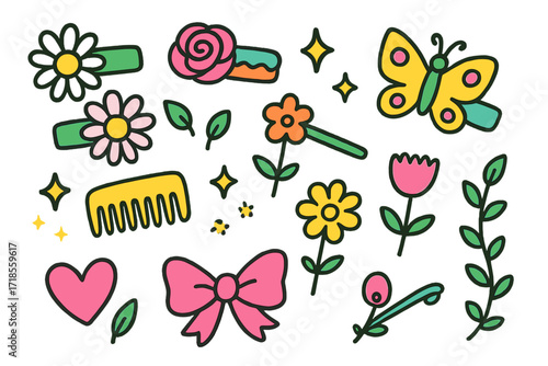 Flower Hair Clips. Colorful Hand-drawn doodle Children illustration Flower Hair Clips daisy clip, rose clip, butterfly clip, tiny leaves, sparkle, comb, flower