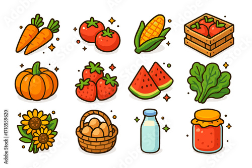 Farm Produce Icons. Colorful isometric vector icons set of Farm produce and goods: fresh carrots, ripe tomatoes, corn on the cob, apples in crate, pumpkin,