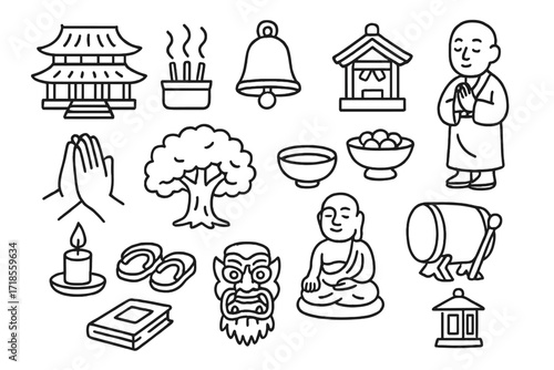 Sacred Temple Doodle. Hand-drawn doodle illustration Sacred heritage site temple, incense, bell, shrine, prayer hands, sacred tree, offering bowl, monk,