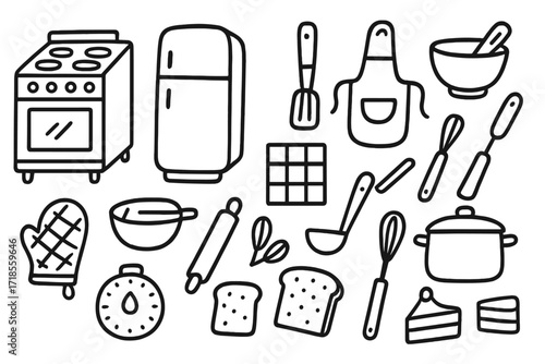 Retro Kitchen Doodles. Hand-drawn doodle illustration Retro Kitchen Elements stove, fridge, mixing bowl, spatula, rolling pin, whisk, pot, oven mitt, timer,
