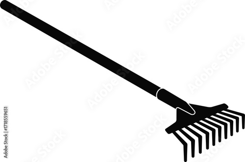 Black garden rake silhouette isolated on white background, farming tool illustration for landscaping, gardening, agriculture, outdoor yard maintenance equipment.