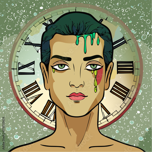 surreal melting porcelain doll with warped clock drips against pastel sky – dreamy svg vector
